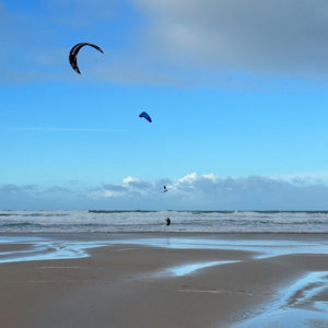 Kitesurfers on a beach with kites in the sky