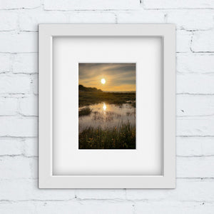 Framed photograph of a sunrise over a marshy field with a white brick wall background