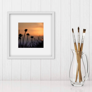 Photo of coastal flowers silhouetted against a sunset sky. Square print in white frame next to a glass jug of paintbrushes