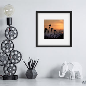 Photo of coastal flowers silhouetted against a sunset sky. Square mounted print in black frame next to a lamp made of black cogs