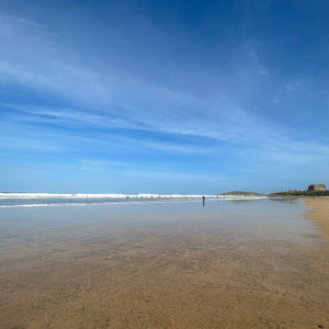 Deserted beach scene with clear blue sky and calm water