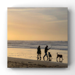 Two people walking dogs on a beach at sunset